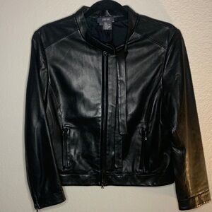 PER SE Black Leather Jacket with Tie Detail USED CONDITION